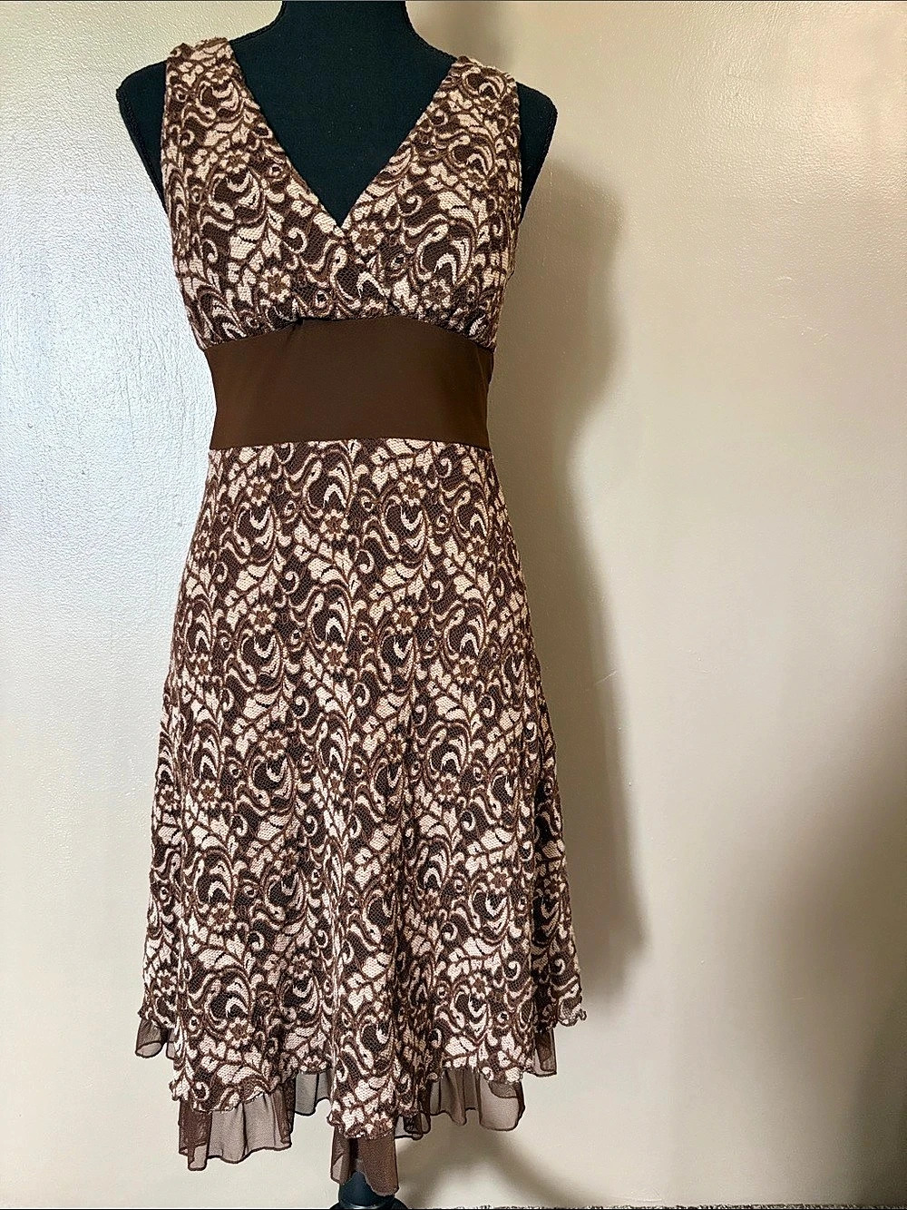 Studio Y Abstract Midi Dress in Brown & Tan Size Small Like New